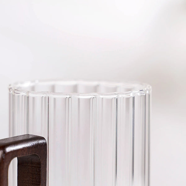 Ribbed Large Glass Mug With Wooden Handle 500ml