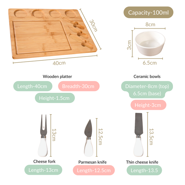 Sleek Wooden Snacks Platter Set With Dip Bowls And Cheese Knives