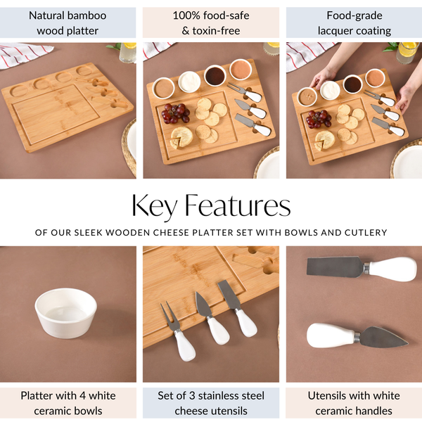 Sleek Wooden Snacks Platter Set With Dip Bowls And Cheese Knives