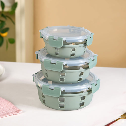 Sleevo Borosilicate Glass Lunch Box With Silicone Sleeves Set Of 3 Sage Green