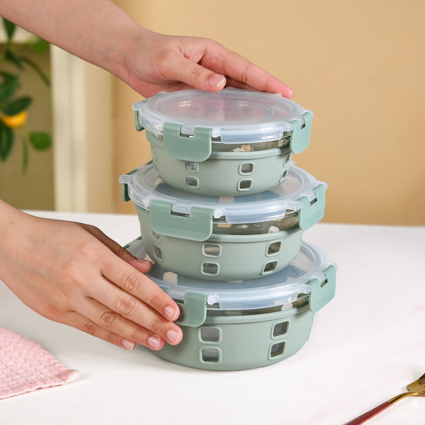 Gripso Borosilicate Glass Lunch Box With Silicone Sleeves Set Of 3 Sage Green