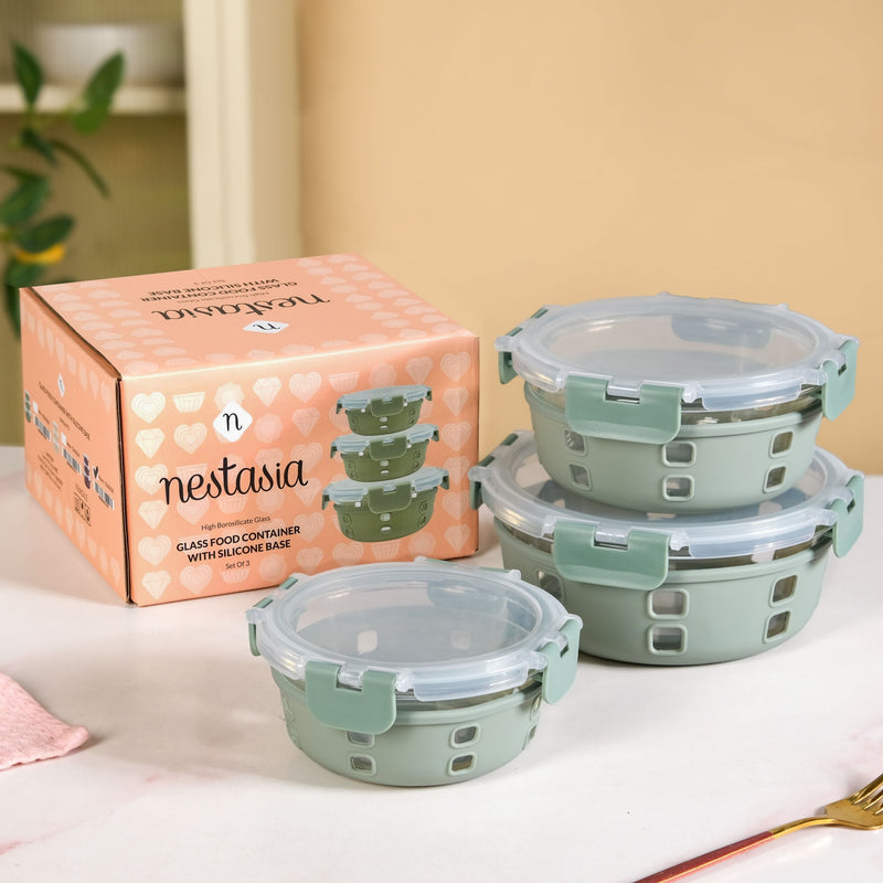 Sleevo Borosilicate Glass Lunch Box With Silicone Sleeves Set Of 3 Sage Green