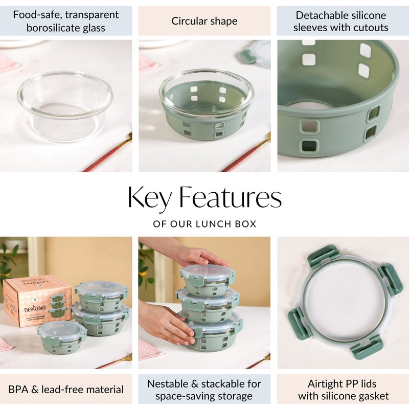 Sleevo Borosilicate Glass Lunch Box With Silicone Sleeves Set Of 3 Sage Green