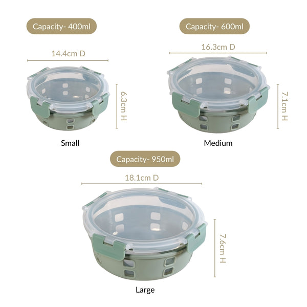 Gripso Borosilicate Glass Lunch Box With Silicone Sleeves Set Of 3 Sage Green