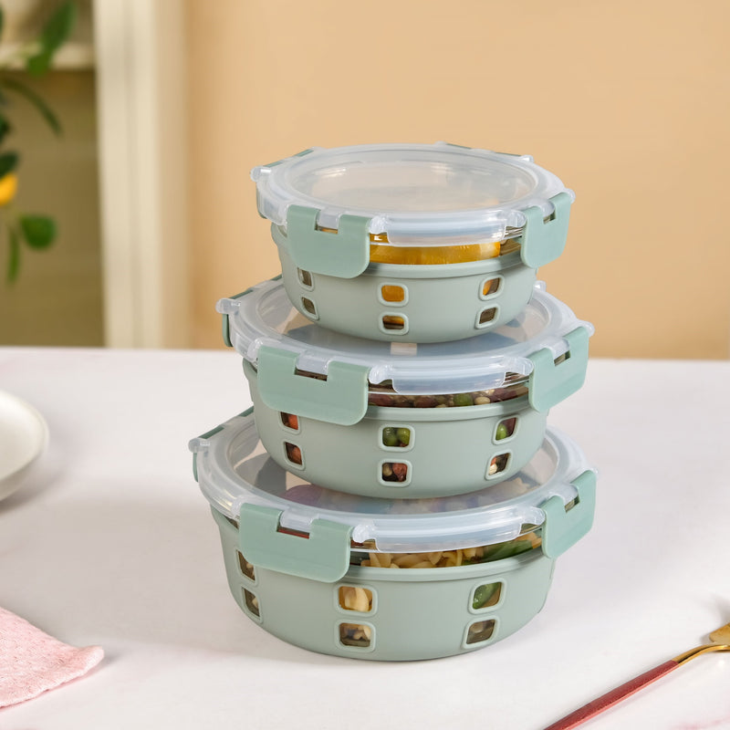 Sleevo Borosilicate Glass Lunch Box With Silicone Sleeves Set Of 3 Sage Green