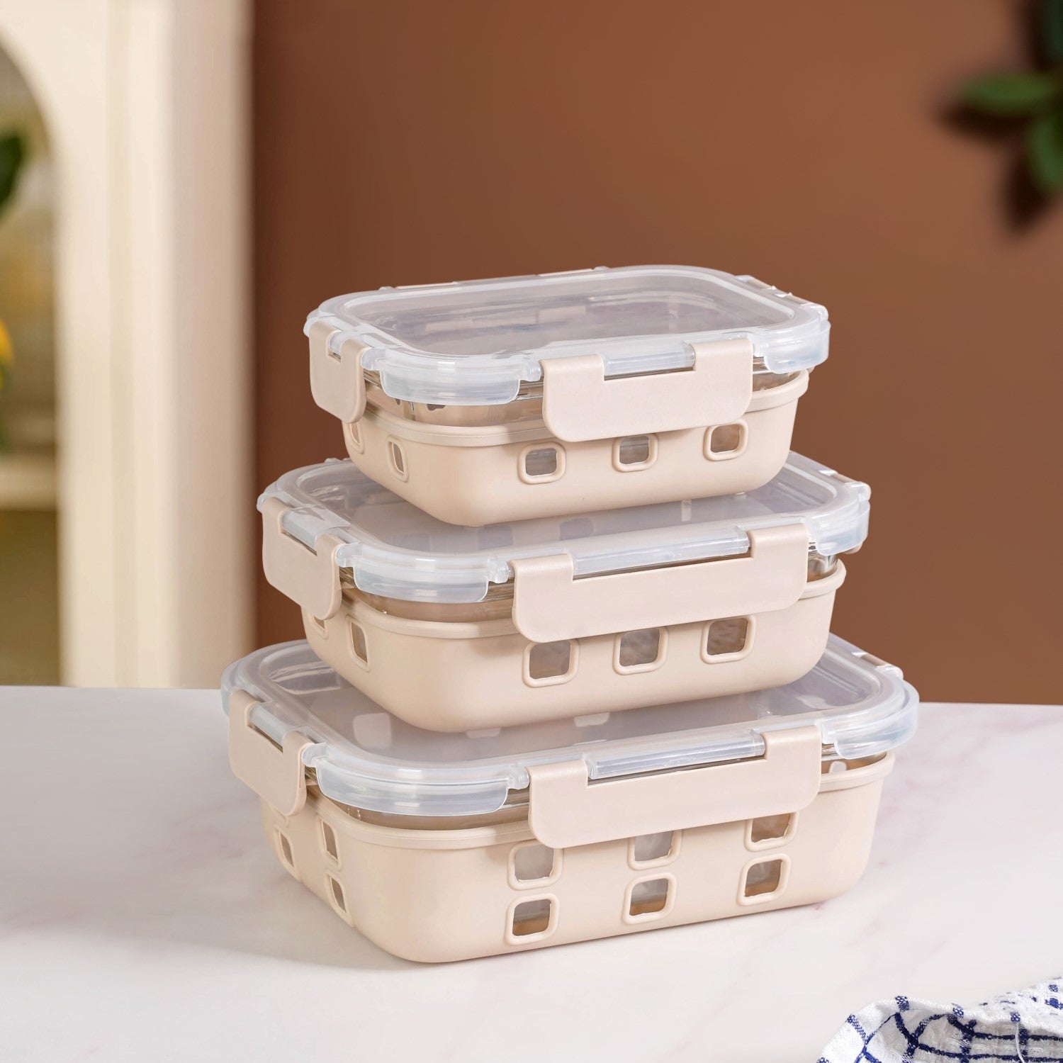 Gripso Food Storage Container With Silicone Sleeves Set Of 3 Beige S 370ml M 600ml L 1000ml
