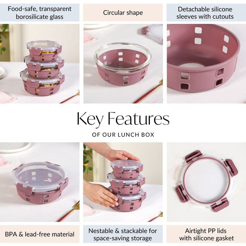 Gripso Food Storage Container With Silicone Sleeves Set Of 3 Mauve S 400ml M 600ml L 950ml