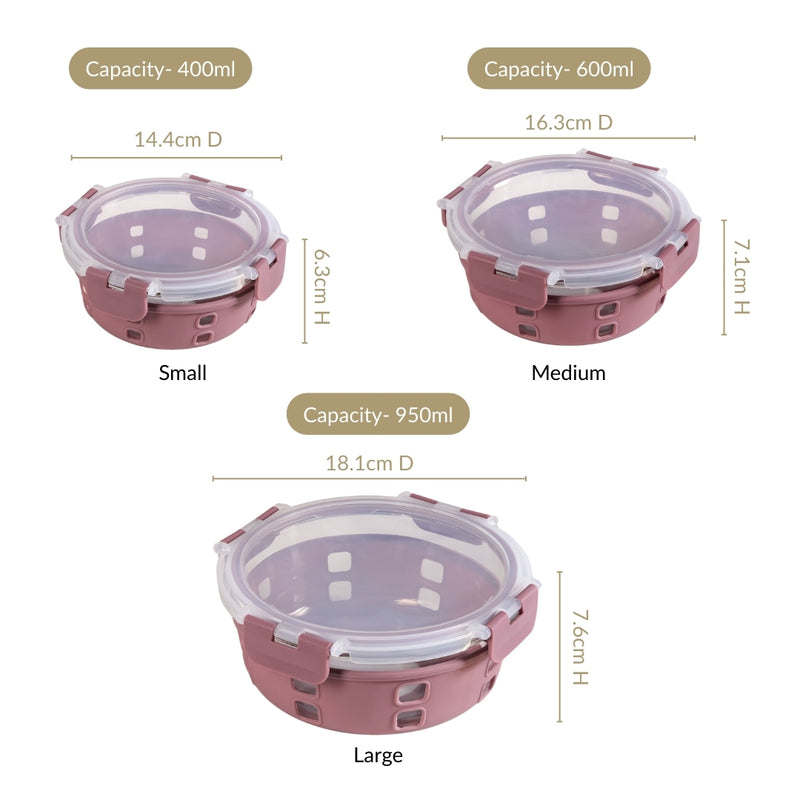 Gripso Food Storage Container With Silicone Sleeves Set Of 3 Mauve S 400ml M 600ml L 950ml