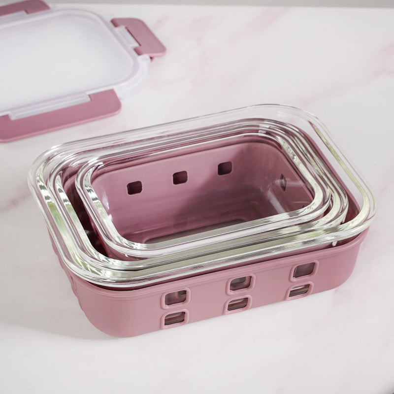 Sleevo Glass Lunch Box For Office With Silicone Sleeves Set Of 3 Mauve