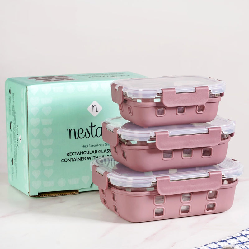 Sleevo Glass Lunch Box For Office With Silicone Sleeves Set Of 3 Mauve