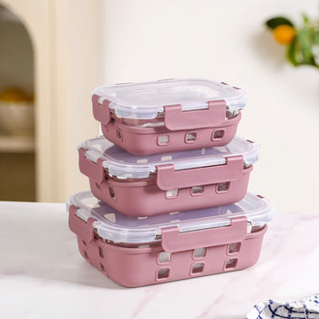 Sleevo Glass Lunch Box For Office With Silicone Sleeves Set Of 3 Mauve