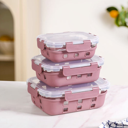 Sleevo Glass Lunch Box For Office With Silicone Sleeves Set Of 3 Mauve