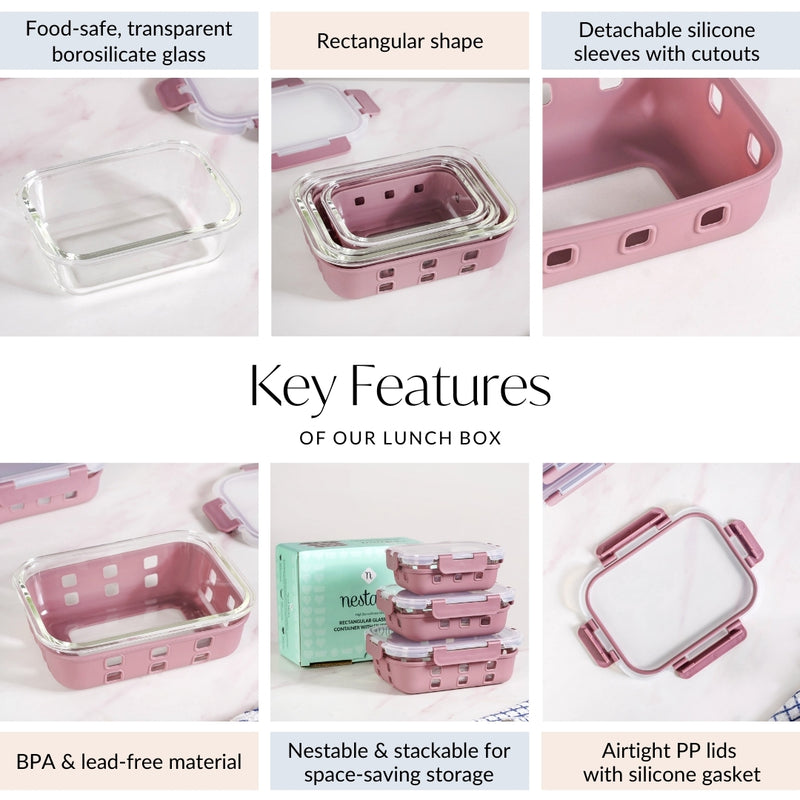 Sleevo Glass Lunch Box For Office With Silicone Sleeves Set Of 3 Mauve
