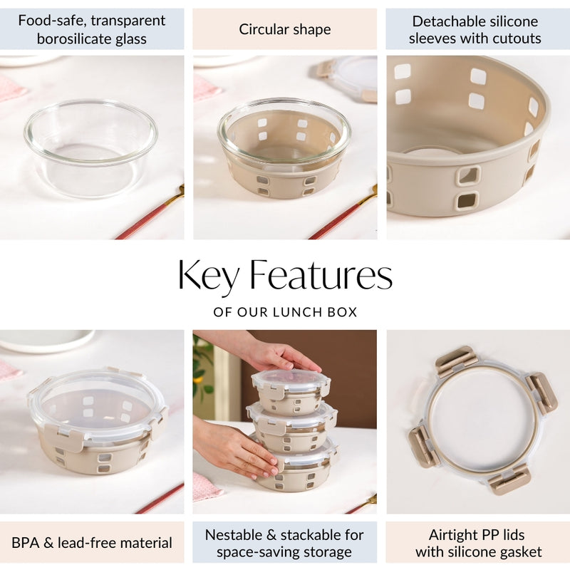 Sleevo Microwave Safe Meal Prep Container With Silicone Sleeves Set Of 3 Beige