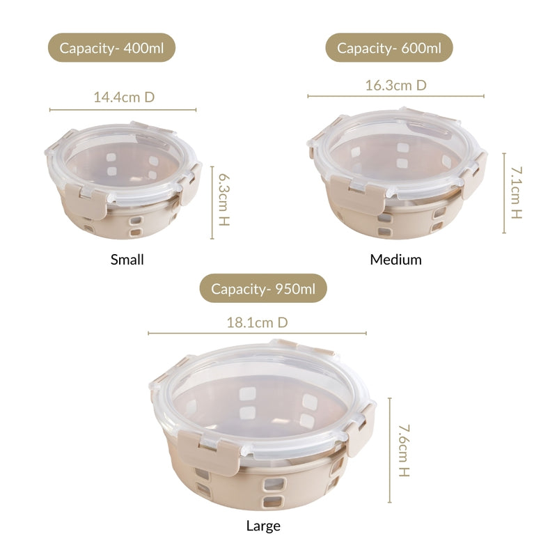 Sleevo Microwave Safe Meal Prep Container With Silicone Sleeves Set Of 3 Beige