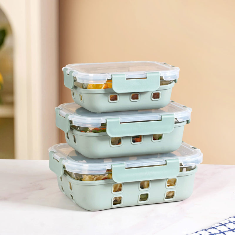 Sleevo Microwave Safe Meal Prep Container With Silicone Sleeves Set Of 3 Sage Green