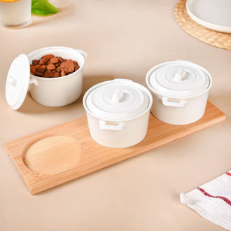 Small Ceramic Bowl Set Of 3 With Bamboo Tray 250ml