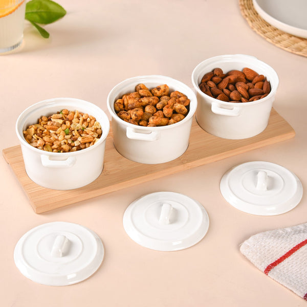 Small Ceramic Bowl Set Of 3 With Bamboo Tray 250ml