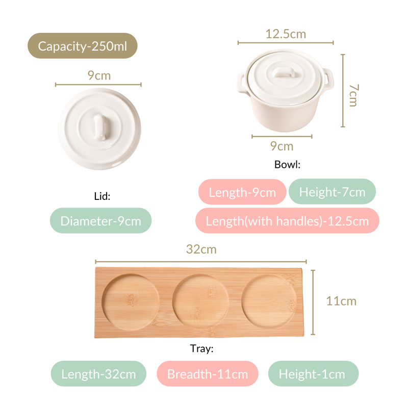Small Ceramic Bowl Set Of 3 With Bamboo Tray 250ml