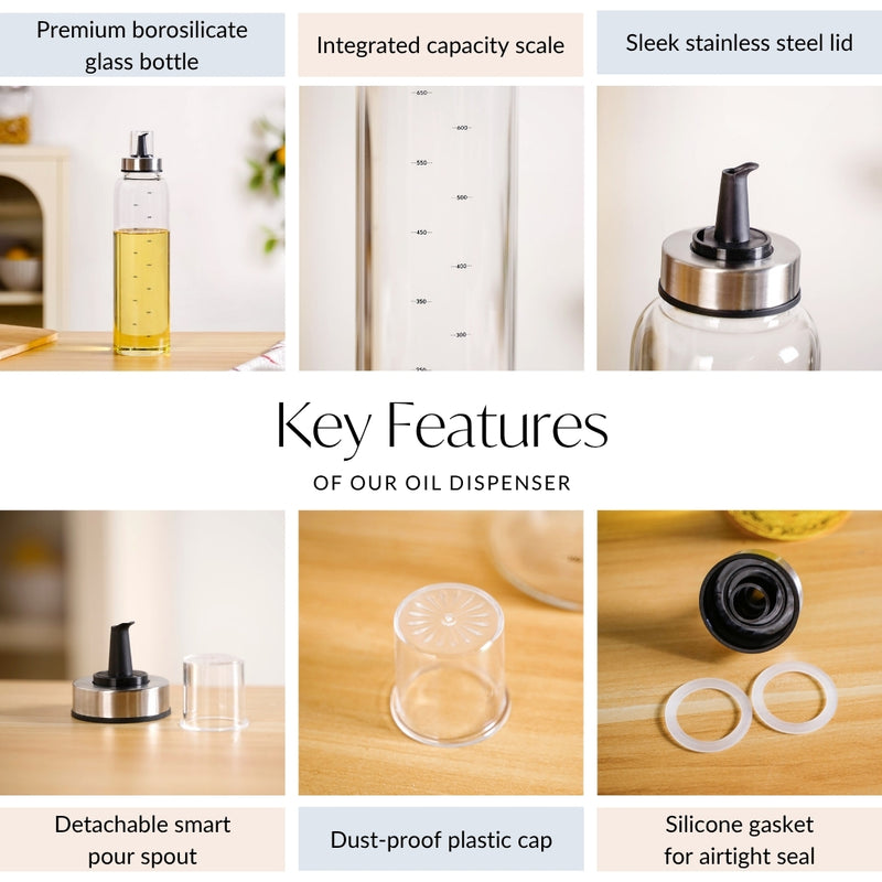 Smart Pour Glass Oil And Vinegar Dispenser Bottle With Stainless Steel Lid 750ml