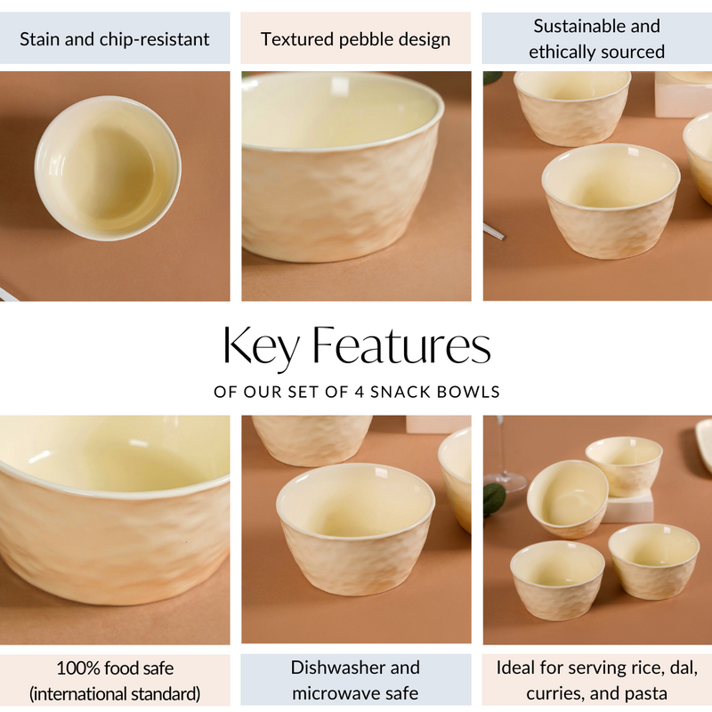 Vanilla White Textured Snack Bowl Set Of 4 350ml - Snack bowls, snack bowls set, ceramic bowls, dessert bowls, icecream bowls