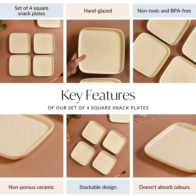 Ceramic Square Snack Plate Vanilla White Set Of 4 8 Inch - Ceramic dinner plates, dinner plate set, square dinner plates, ceramic plates
