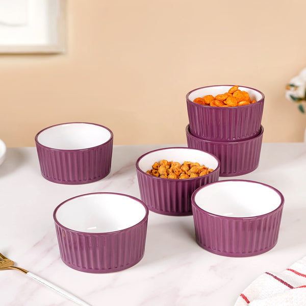 Set of 6 Ceramic Cresta Snack Bowl Purple 400ml