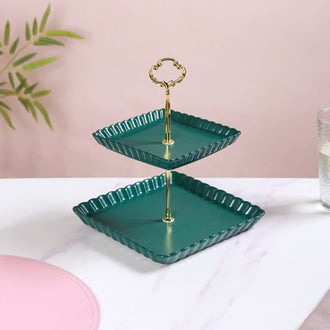 2-Tier Square Ceramic Snack Stand Green