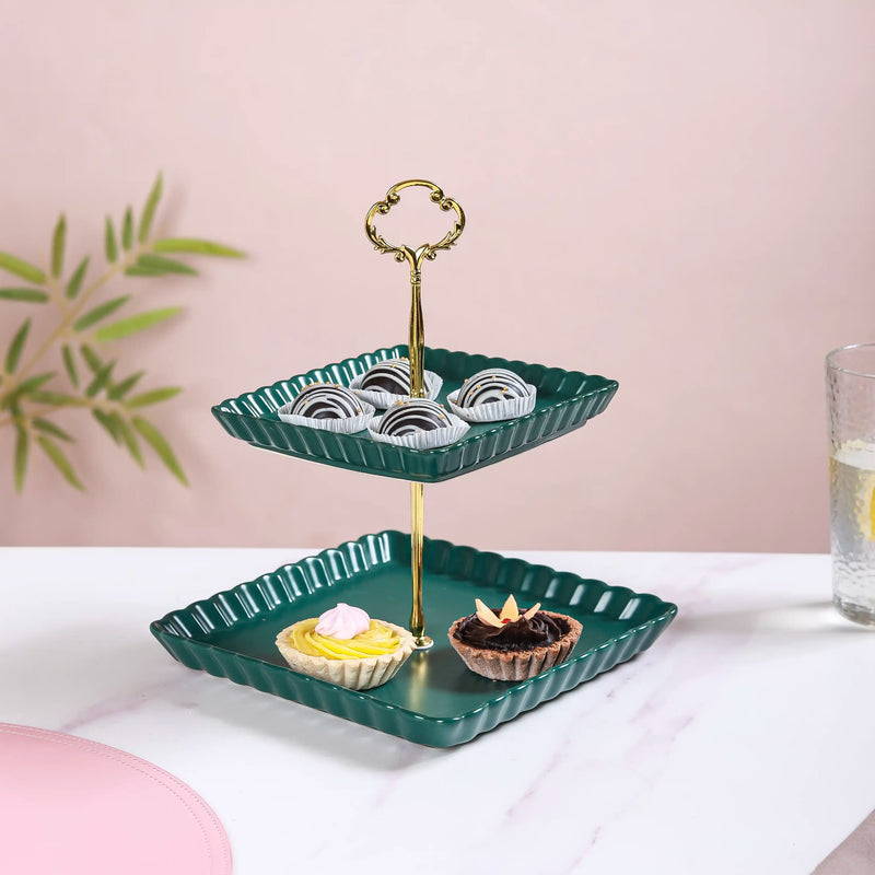 2-Tier Square Ceramic Snack Stand Green