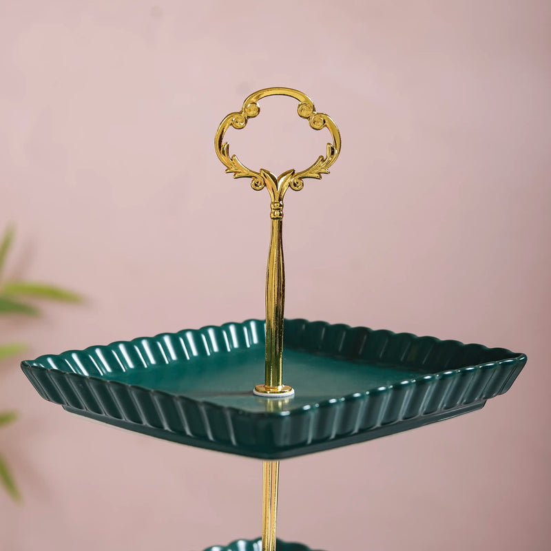2-Tier Square Ceramic Snack Stand Green