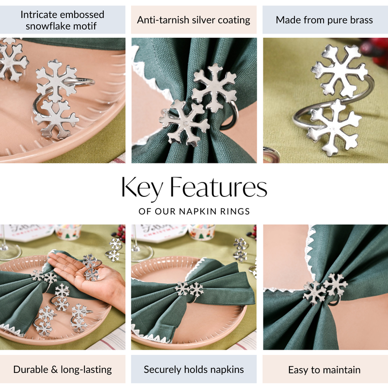 Snowflakes Pure Brass Napkin Ring With Silver Polish Set Of 6