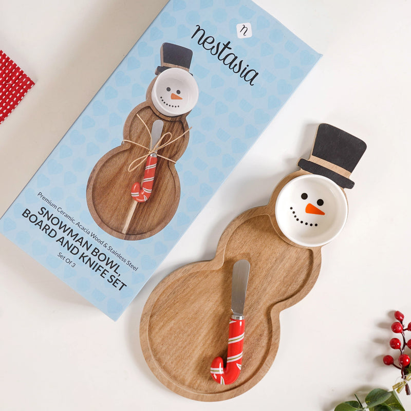 Snowman Bowl Board And Knife Set Of 3