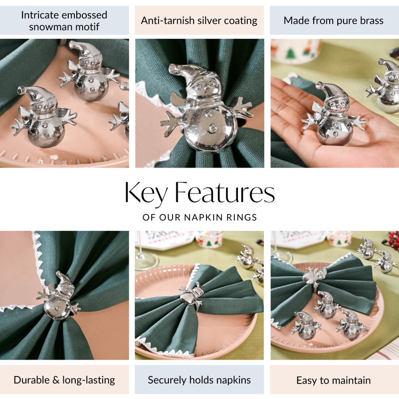 Snowman Pure Brass Napkin Ring With Silver Polish Set Of 6