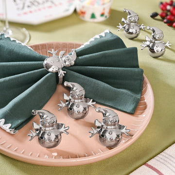 Snowman Pure Brass Napkin Ring With Silver Polish Set Of 6