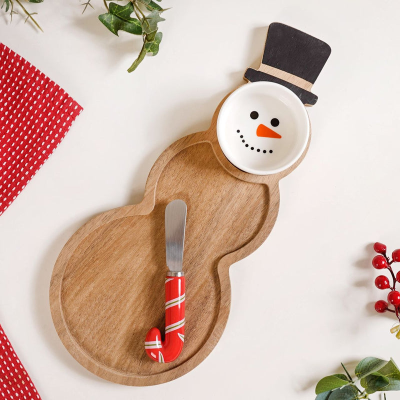 Snowman Bowl Board And Candy Cane Knife Set Of 3