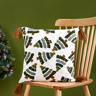 Snowy White Sofa Cushion Cover With Christmas Trees 40x40cm