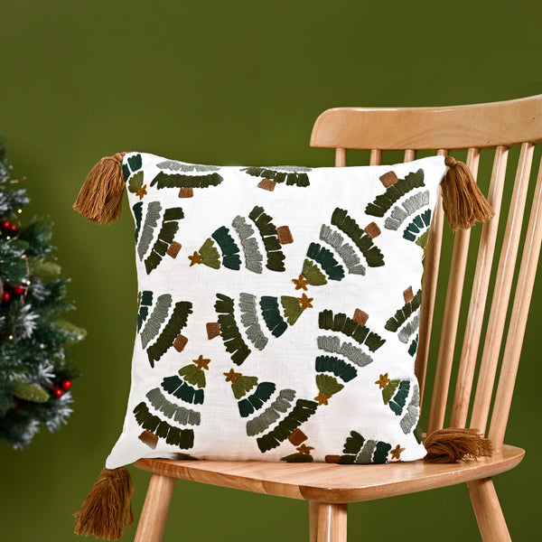 Snowy White Sofa Cushion Cover With Christmas Trees 40x40cm