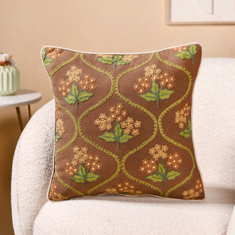 Soft Florals Embroidered Cushion Cover Taupe