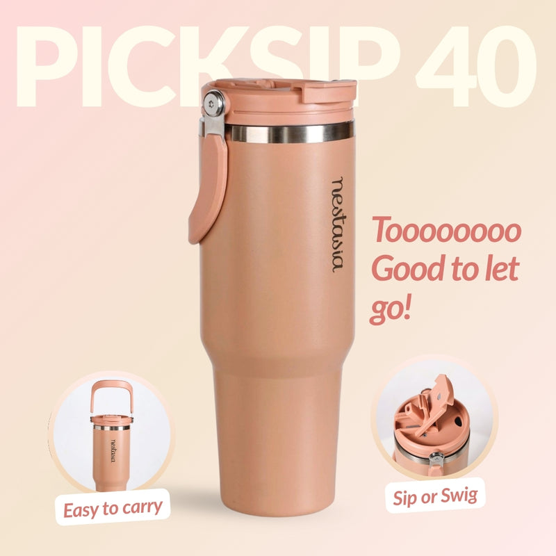 PickSip 40 Insulated Tumbler Bottle With Top Handle Soft Nude Peach 1200ml