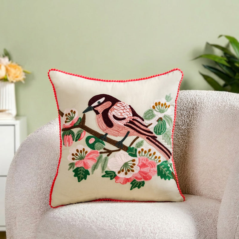 Songbird Bloom Embroidered Cushion Cover 40X40cm