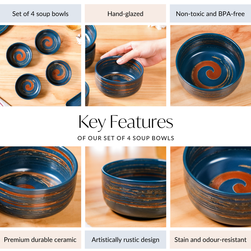 Textured Brushstroke Soup Bowls Navy Blue Set Of 4 400ml - Soup bowls, ceramic bowls, blue bowls, snack bowls, dessert bowls, icecream bowls