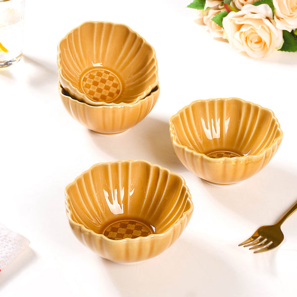 Scallop Rimmed Ceramic Soup Bowl Set Of 4 Yellow Ochre 350ml