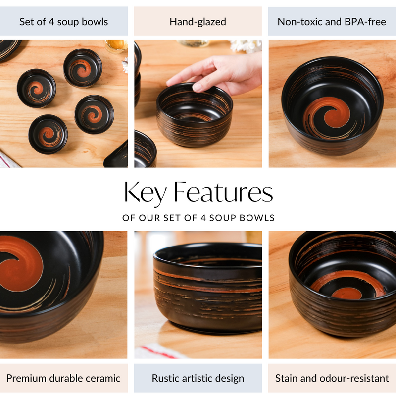 Exotic Ceramic Soup Bowls Black Set Of 4 400ml - Soup bowls, ceramic bowls set, soup bowls set, black bowls, serving bowls, icecream bowls
