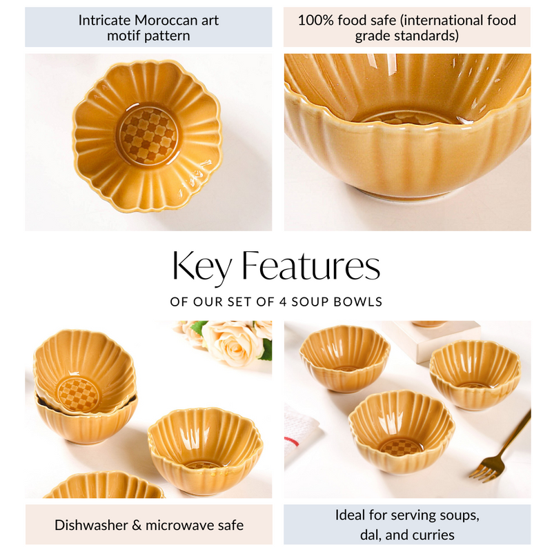 Scallop Rimmed Ceramic Soup Bowl Set Of 4 Yellow Ochre 350ml