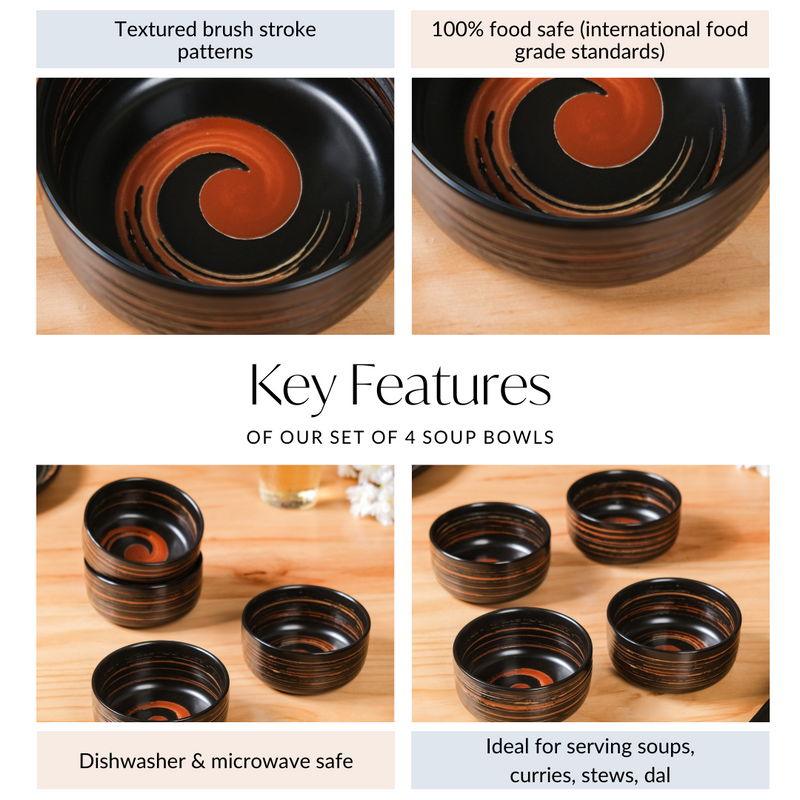 Exotic Ceramic Soup Bowls Black Set Of 4 400ml - Soup bowls, ceramic bowls set, soup bowls set, black bowls, serving bowls, icecream bowls