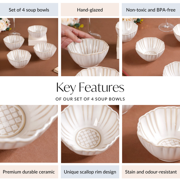 Stoneware Ivory Scallop Rimmed Soup Bowl Set Of 4 350ml