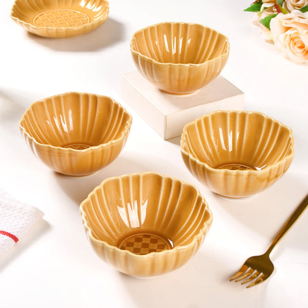Scallop Rimmed Ceramic Soup Bowl Set Of 4 Yellow Ochre 350ml