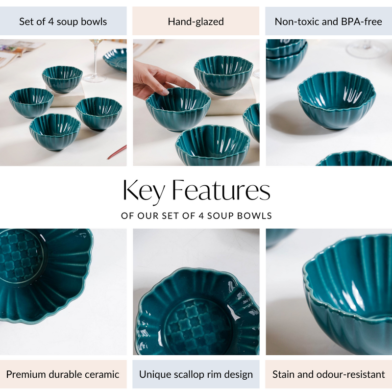 Luxe Ceramic Soup Bowls Dark Green Set Of 4 350ml - Snack bowl, ceramic bowl set, small bowls, soup bowls, ceramic soup bowls
