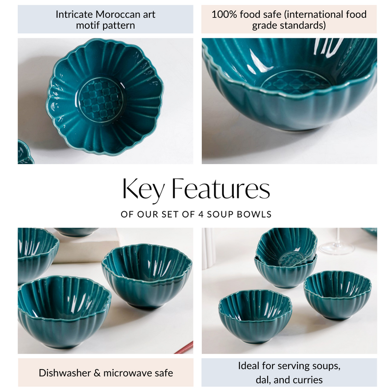 Luxe Ceramic Soup Bowls Dark Green Set Of 4 350ml - Snack bowl, ceramic bowl set, small bowls, soup bowls, ceramic soup bowls