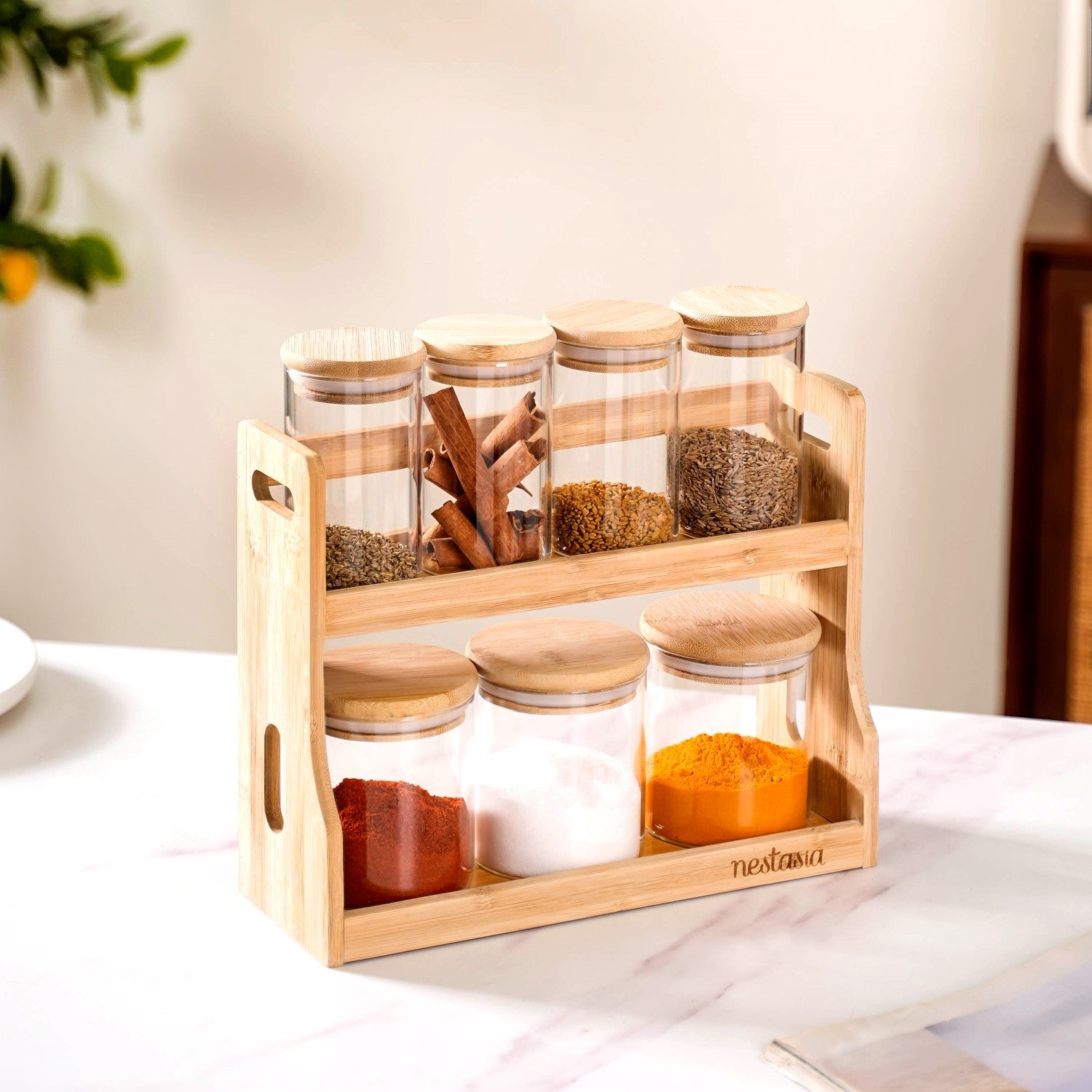 Glass Spice Jars With Wooden Storage Rack Online Premium Spice Jar Nestasia